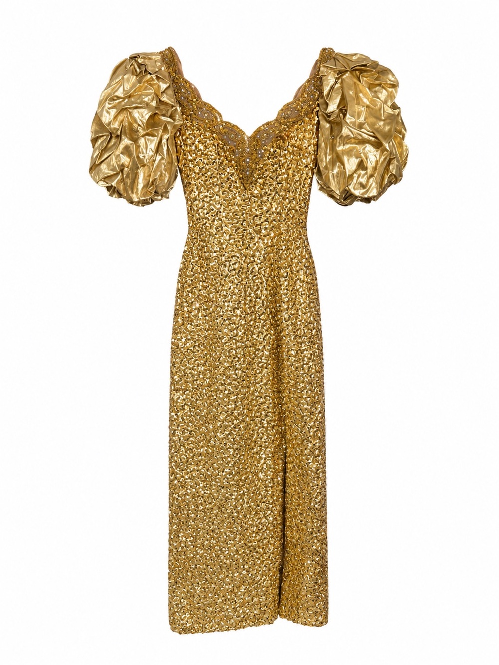 Gold Sequin Midi Dress with Puff Sleeves